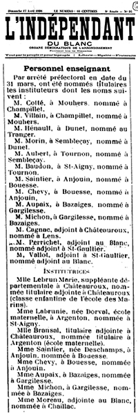 Avis de mutation de Eugène MICHON et Eugénie MICHON-VALLÉE en date du 17 avril 1898 : ils quittent Gargilesse et sont nommés à Bazaiges à la place du couple AUPAIX qui s'installe lui à Gargilesse